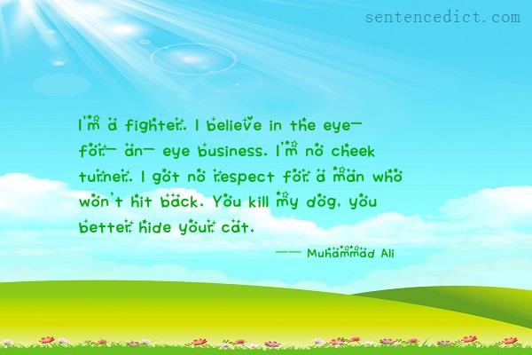 Good sentence's beautiful picture_I'm a fighter. I believe in the eye- for- an- eye business. I'm no cheek turner. I got no respect for a man who won't hit back. You kill my dog, you better hide your cat.